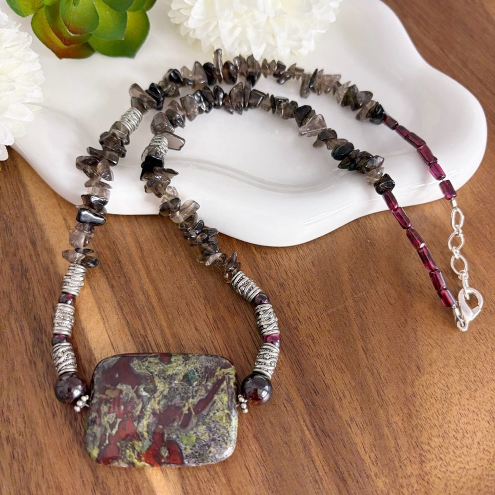 Vintage Necklace Dragon's Blood Jasper Smokey Quartz Garnet Sterling Silver
